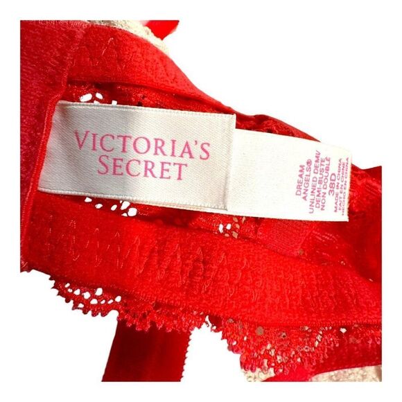 Victoria’s Secret Womens 38D Unlined Demi Bra Red Beige Lace Underwire Push Up - Picture 3 of 4